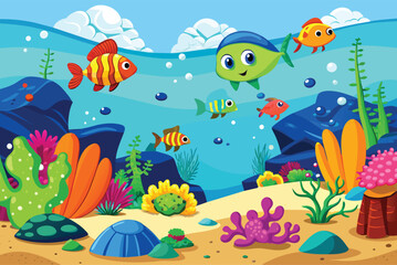 Fototapeta premium Cartoon underwater landscape with fish ,sea animal, corals and reefs. Underwater aquatic life landscape, ocean scenery