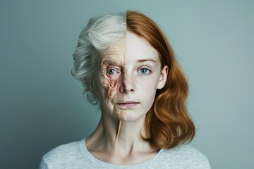 Aging melanoma monday. Comparison young to old generation energization. Less Wrinkles, skin oils, presbycusis, lines through skin care, anti aging cream, mental health care and Plastic surgery - obrazy, fototapety, plakaty