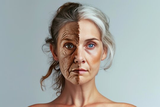 Aging skincare. Comparison young to old generation body creams. Less Wrinkles, chin size, tolerance, lines through skin care, anti aging cream, womens health and Plastic surgery