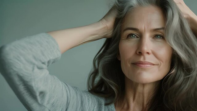 A middleaged woman runs her fingers through her gray hair with a peaceful expression finally embracing her age and accepting herself as she is, female With Gray Hair and Gray Sweater