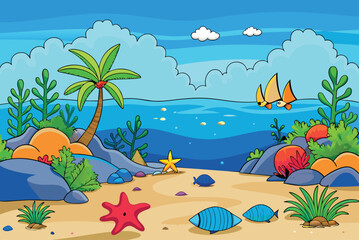 Fototapeta na wymiar Cartoon underwater landscape with fish ,sea animal, corals and reefs. Underwater aquatic life landscape, ocean scenery