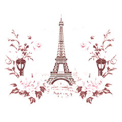 Fototapeta na wymiar Stamp of Paris City With Monochrome Blush Pink Color Eiffel Tower and Transparent PNG City Concept Art Tshirt Design Illustration Label Diverse City Castle Large Urban Market Project Collage 