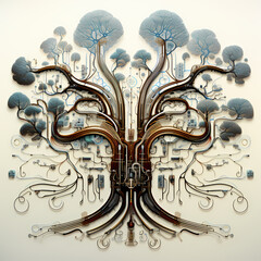Biomechanical tree with circuit-like patterns.