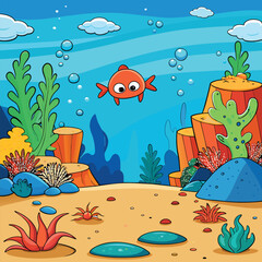 Fototapeta premium Cartoon underwater landscape with fish ,sea animal, corals and reefs. Underwater aquatic life landscape, ocean scenery