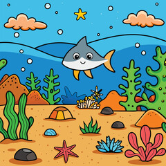 Naklejka na ściany i meble Cartoon underwater landscape with fish ,sea animal, corals and reefs. Underwater aquatic life landscape, ocean scenery