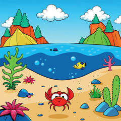 Naklejka premium Cartoon underwater landscape with fish ,sea animal, corals and reefs. Underwater aquatic life landscape, ocean scenery