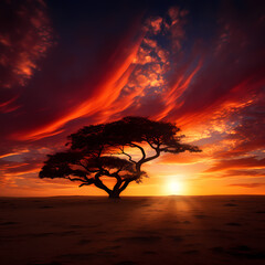 Dramatic silhouette of a lone tree against a fiery sunset.