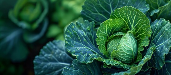 Obraz premium A vibrant, green leaf vegetable known as cabbage, with blue-tinted leaves, thriving in a garden as a natural food plant.