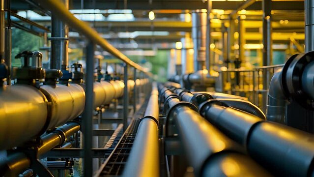 A series of pipes running through the factory carrying biogas produced from anaerobic digestion. This innovative process converts organic waste into usable energy showcasing