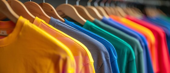 Vividly colored t-shirts were were set up on a wooden rack with hangers with space, Generative AI.
