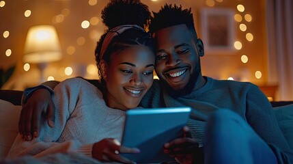 Couple having night at home watching movie on tablet computer. Sharing laughter and love while enjoying a movie together. - obrazy, fototapety, plakaty