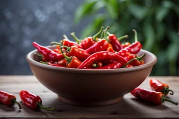 Keuken spatwand met foto Red hot chili peppers in a bowl on a wooden table. Selective focus. © Designer Khalifa