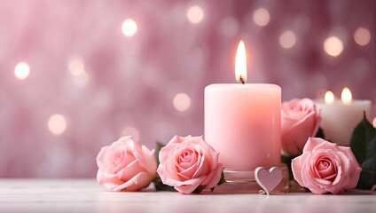 Burning candle with roses and heart on table against blurred lights, space for text