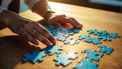 Businesswoman hand piecing together a jigsaw puzzle with the sunlight impact, success, and strategy concepts.