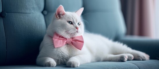 A domestic short-haired cat, a carnivore from the Felidae family, with whiskers, ears, and a snout, is peacefully resting on a blue couch, wearing a cute pink bow tie.