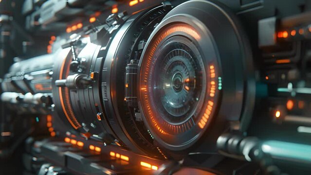 A closeup of an industrial machine showcasing its sleek design and the large futuristic meter displaying its low energy usage rate.