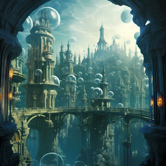 Underwater city with transparent domes.