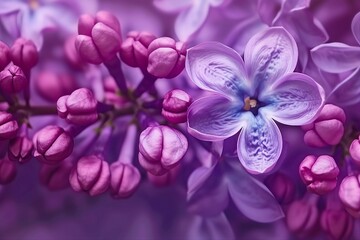 Macro image of spring lilac violet flowers, abstract soft floral background. generative ai.
