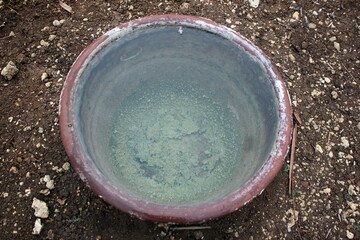 A barrel that has long been used to collect rainwater in the land behind the house