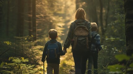 Mother and her little sons hiking trough forest