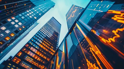 silhouette of skyscrapers with overlapping stock market graphs. Business symbols on financial, trading and economic growth indicators. generative AI
