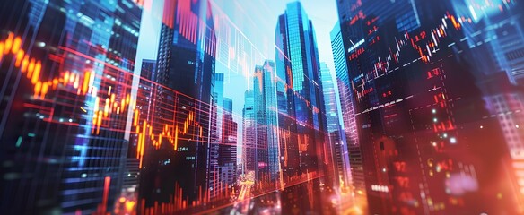 silhouette of skyscrapers with overlapping stock market graphs. Business symbols on financial, trading and economic growth indicators. generative AI