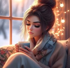 woman with a cup of tea.woman with a captivating presence sits by the window, holding a steaming cup of coffee.woman in winter clothes.