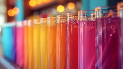 Vibrant line-up of colorful drinks in tall glasses - obrazy, fototapety, plakaty