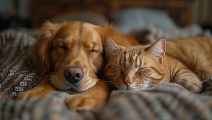 Peaceful dog and cat cuddled together on a blanket