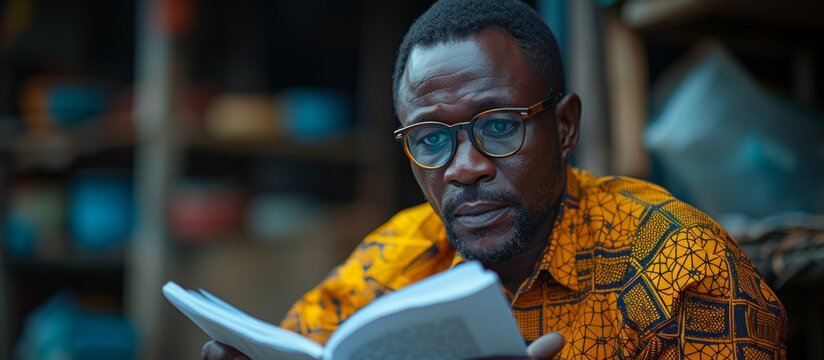 Intense African Man In Glasses Reading A Book With Vibrant Traditional Attire