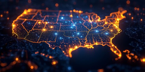 Illuminated map of the USA with network connections