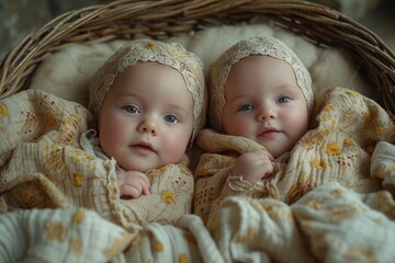 Newborn twins in a wicker basket, cozy and adorable - obrazy, fototapety, plakaty