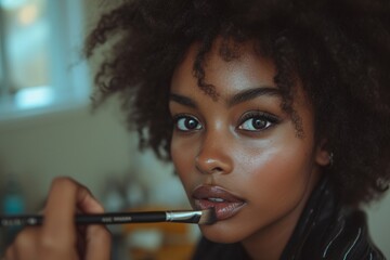 Woman applying makeup with a brush close-up