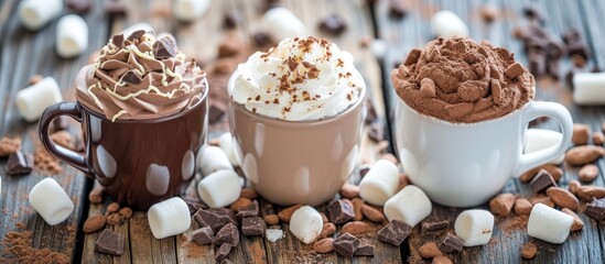 Three cups of hot chocolate with whipped cream, marshmallows, and a wooden table create a delightful dessert scene.