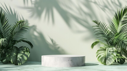 White product display podium with natural green leaves and shadows on grey background under summer sunlight, for advertising cosmetics and natural product presentations.
