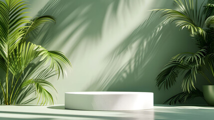 White product display podium with natural green leaves and shadows on grey background under summer sunlight, for advertising cosmetics and natural product presentations.
