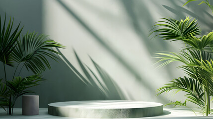 White product display podium with natural green leaves and shadows on grey background under summer sunlight, for advertising cosmetics and natural product presentations.