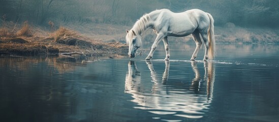 Obraz na płótnie Canvas A beautiful white horse quenches its thirst, gracefully bending over to drink from the crystal-clear water of a serene lake in the natural landscape.