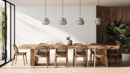A stylish dining area with a long, wooden table, designer chairs, and pendant lighting creating an inviting atmosphere