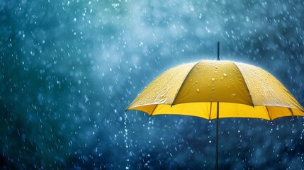 Lonely yellow umbrella under the rain, symbol of the wet rainy season. Contrast, no people , Blurred background, Free space. - obrazy, fototapety, plakaty