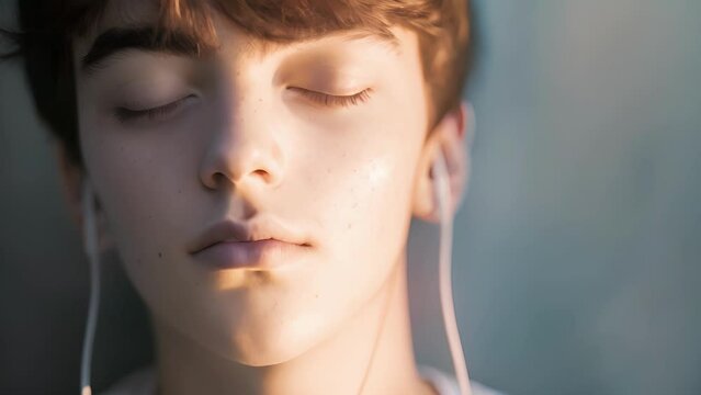 A young man with autism his eyes closed and face at peace as he listens to music, Young male Wearing Ear Buds and Listening to Music