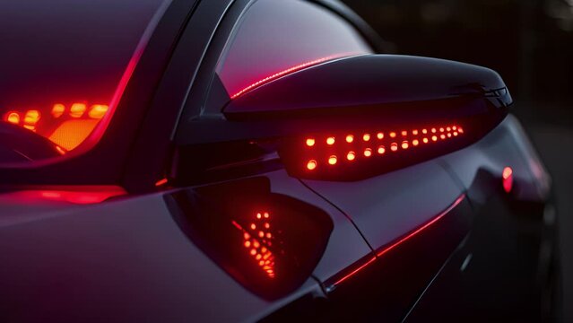 The side mirrors LED indicator lights are highlighted in a closeup providing a bright and clear signal for drivers behind and adding to the overall stylish design of the car.