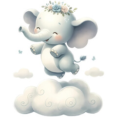 Cheerful animated baby elephant with floral headband floating on a fluffy cloud, perfect for children's themes, transparent background.