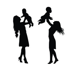 Mother and son Silhouette, mom holding baby vector illustration of family on white background.