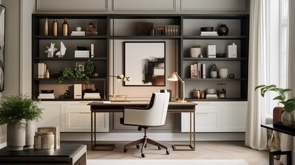 A stylish home office with a sleek desk, ergonomic chair, and shelves displaying a curated collection of decorative items