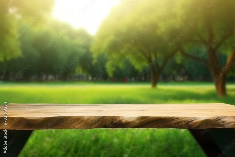 Poster Empty wood table and defocused bokeh and blur background of garden trees with sunlight. product display template.