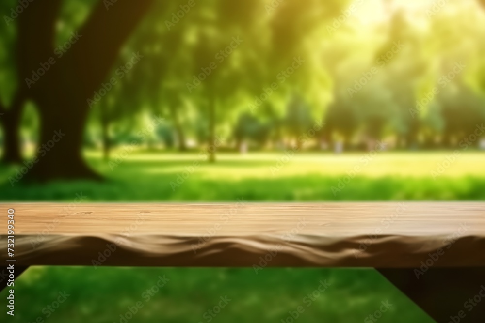 Poster Empty wood table and defocused bokeh and blur background of garden trees with sunlight. product display template.