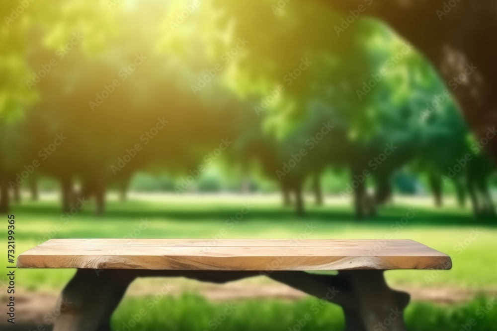 Poster Empty wood table and defocused bokeh and blur background of garden trees with sunlight. product display template.
