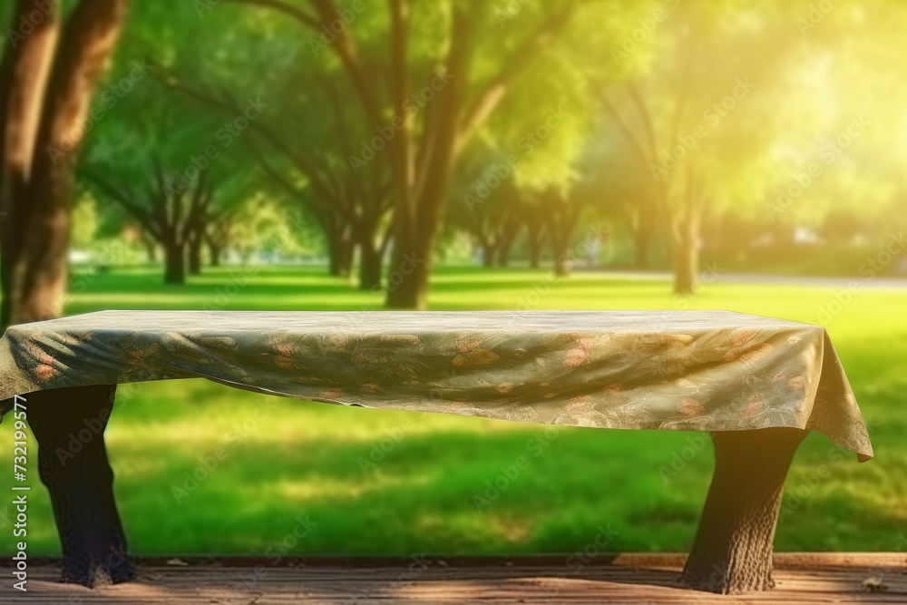 Poster Empty wood table and defocused bokeh and blur background of garden trees with sunlight. product display template.
