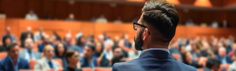 Man in a suit and glasses looking at a large audience. Business conference background 